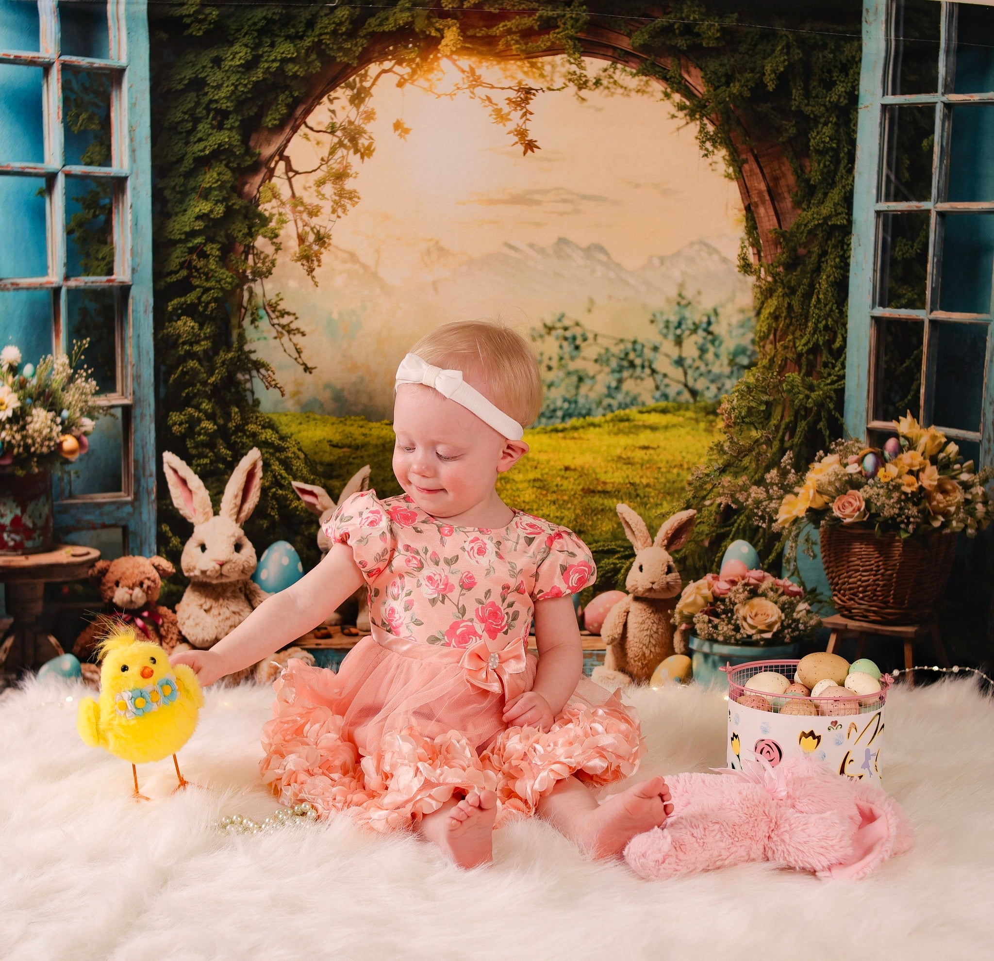 Osterhasen-Fotohintergrund Sonnenuntergang Wiese Kaninchen Eier Blumen Osterhintergrund MRR9-85