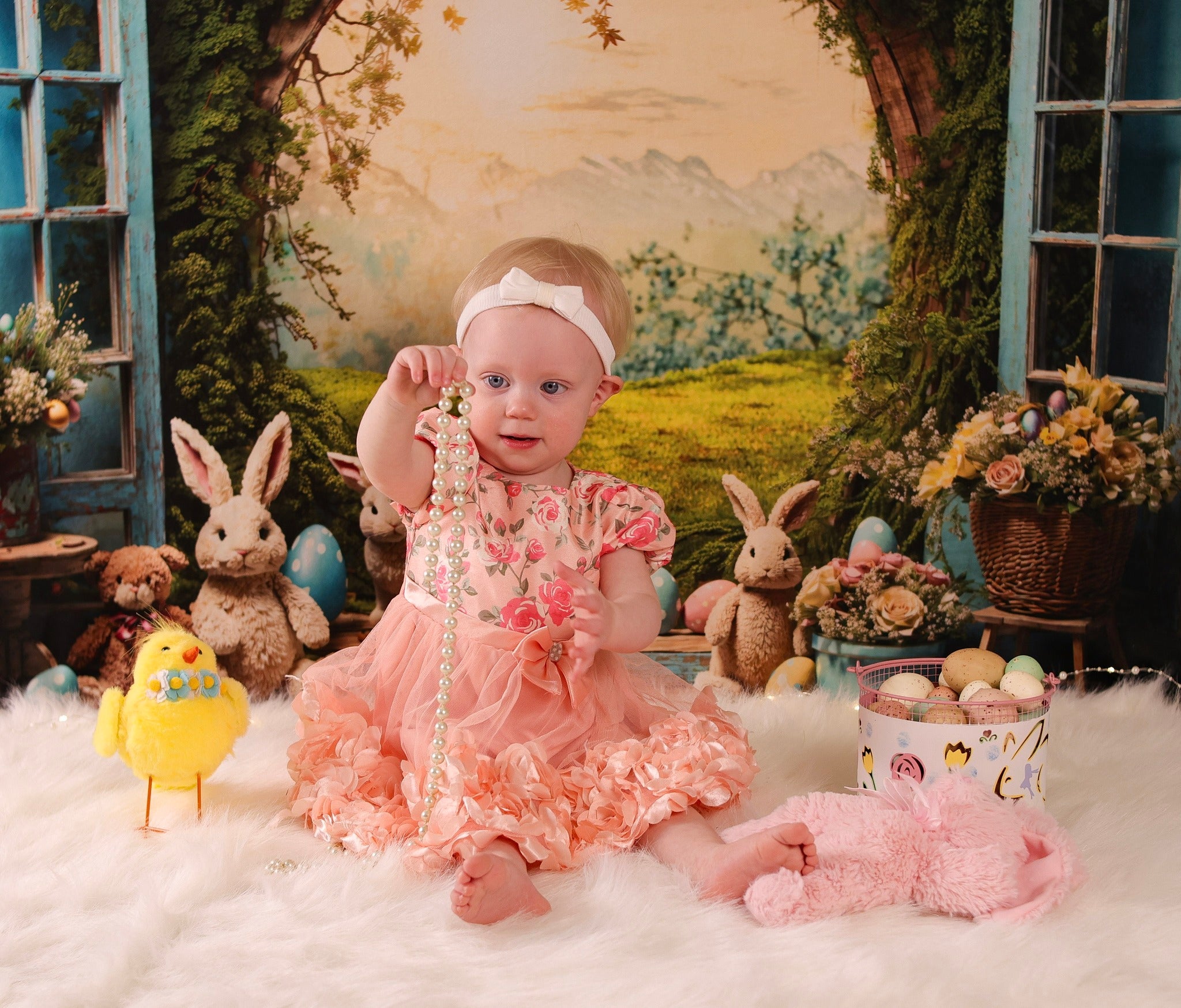 Osterhasen-Fotohintergrund Sonnenuntergang Wiese Kaninchen Eier Blumen Osterhintergrund MRR9-85