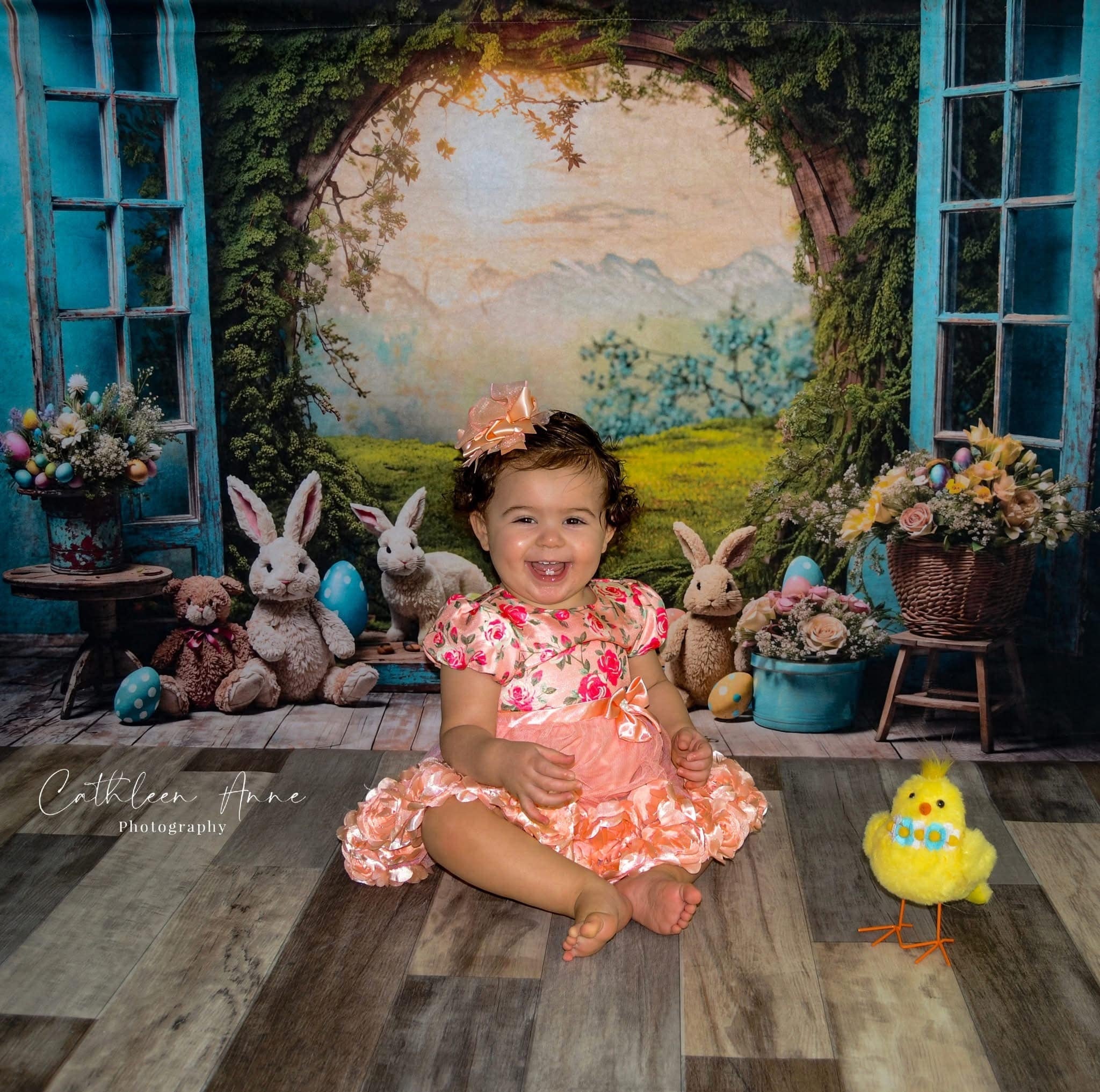 Osterhasen-Fotohintergrund Sonnenuntergang Wiese Kaninchen Eier Blumen Osterhintergrund MRR9-85