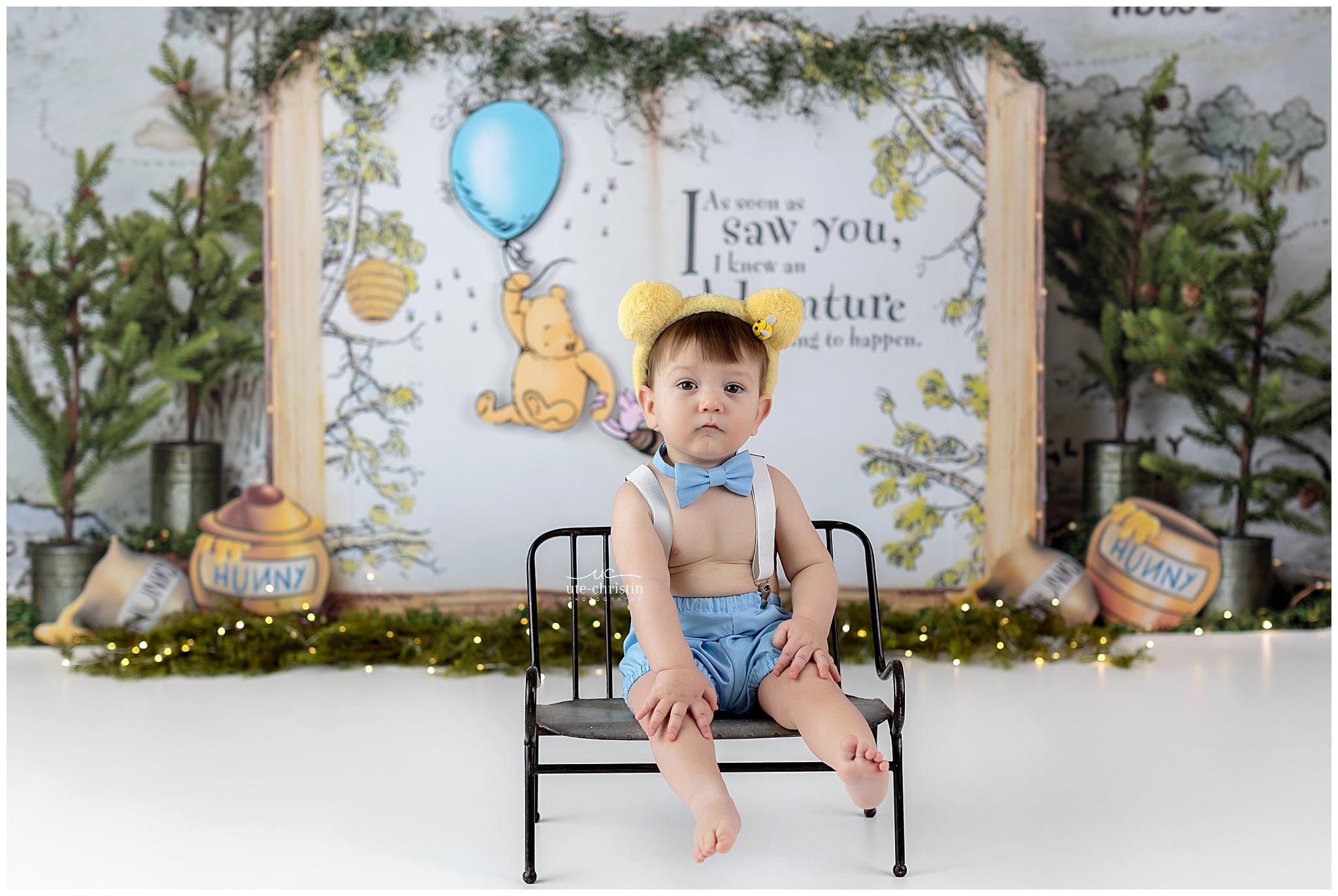 Cake Smash-Fotohintergrund Pooh-Ballon-Abenteuer Wald Zitat 1. Geburtstag-Fotohintergrund MRR9-63