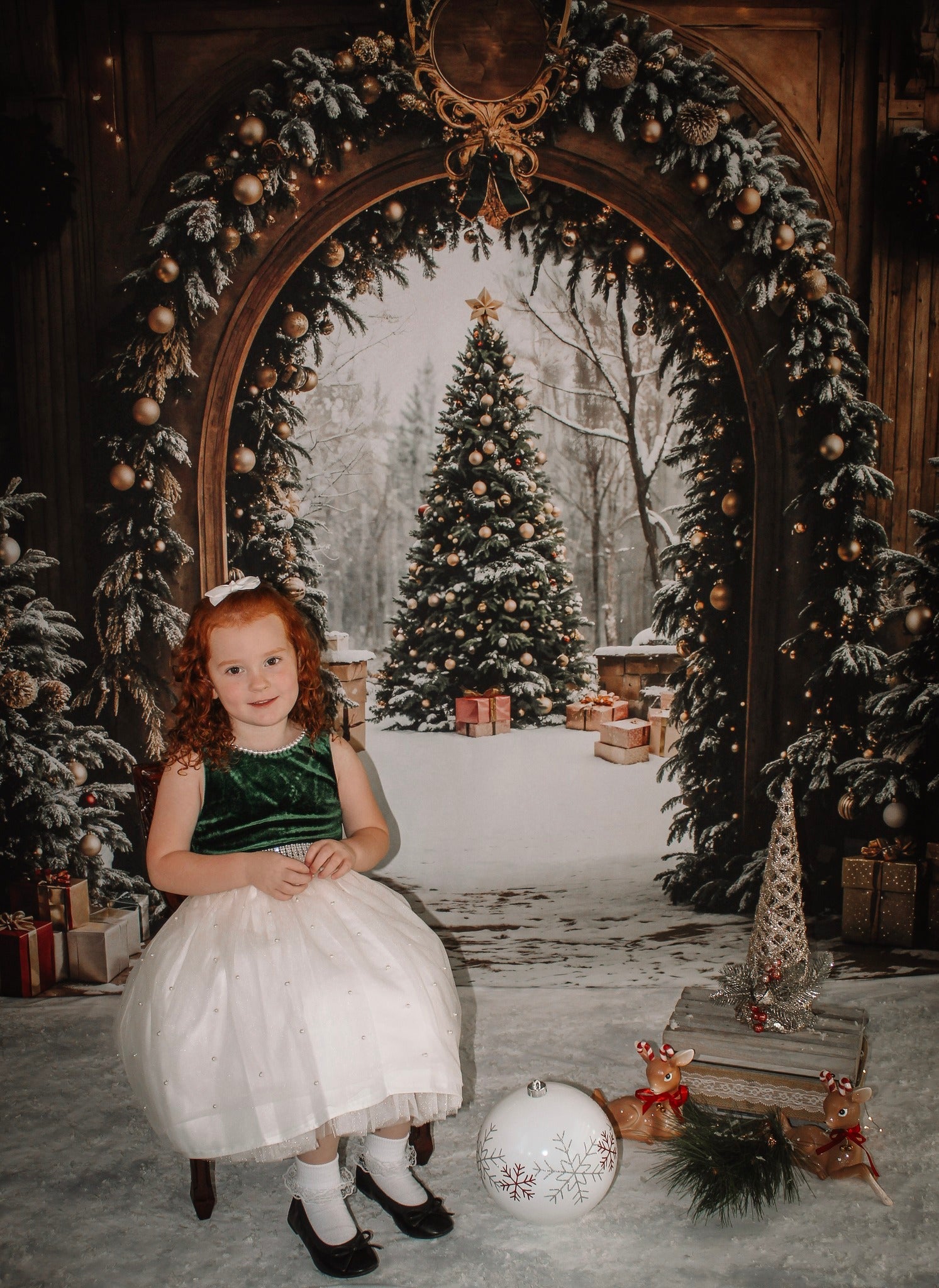 Weihnachtsbaum-Fotohintergrund Verschneiter Wald Torbogen Weihnachtsfoto-Fotohintergrund MRR9-77