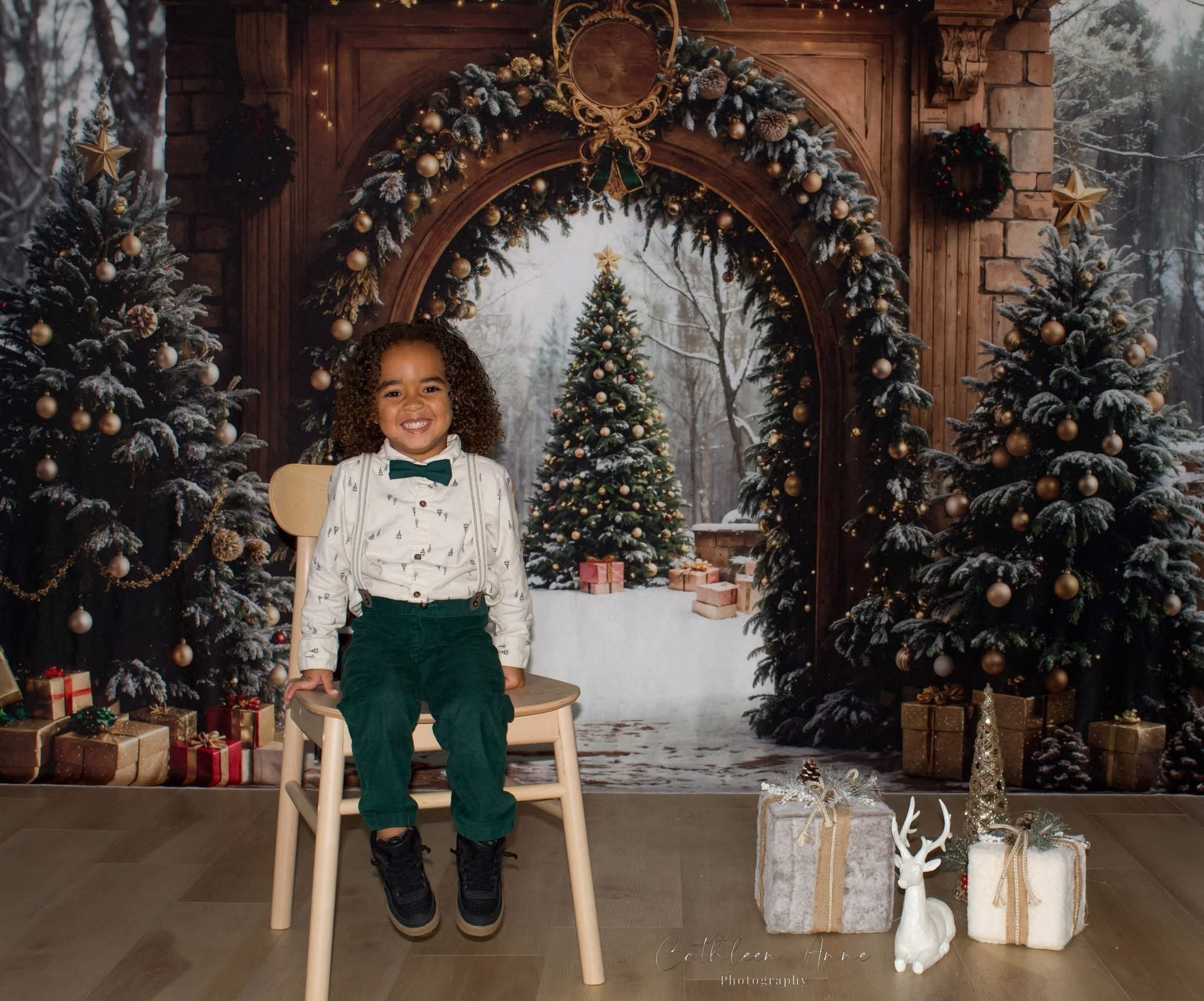 Weihnachtsbaum-Fotohintergrund Verschneiter Wald Torbogen Weihnachtsfoto-Fotohintergrund MRR9-77