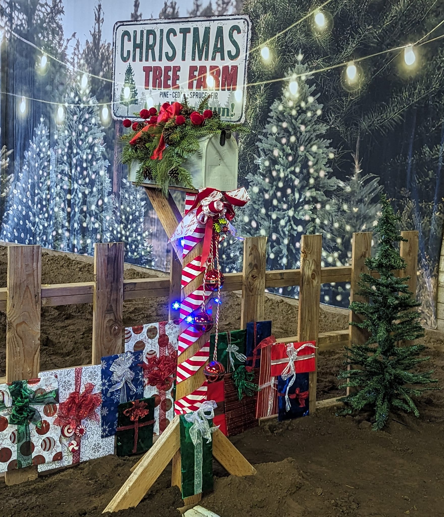 Weihnachtsbaum Bauernhof Lichterketten Hintergrund für Fotografie D830