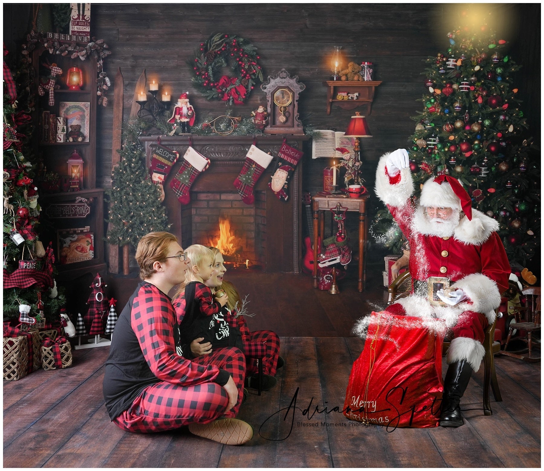 Weihnachts-Hintergrund Holzhaus Kamin Strümpfe Weihnachtsfoto-Hintergrund MRR10-52