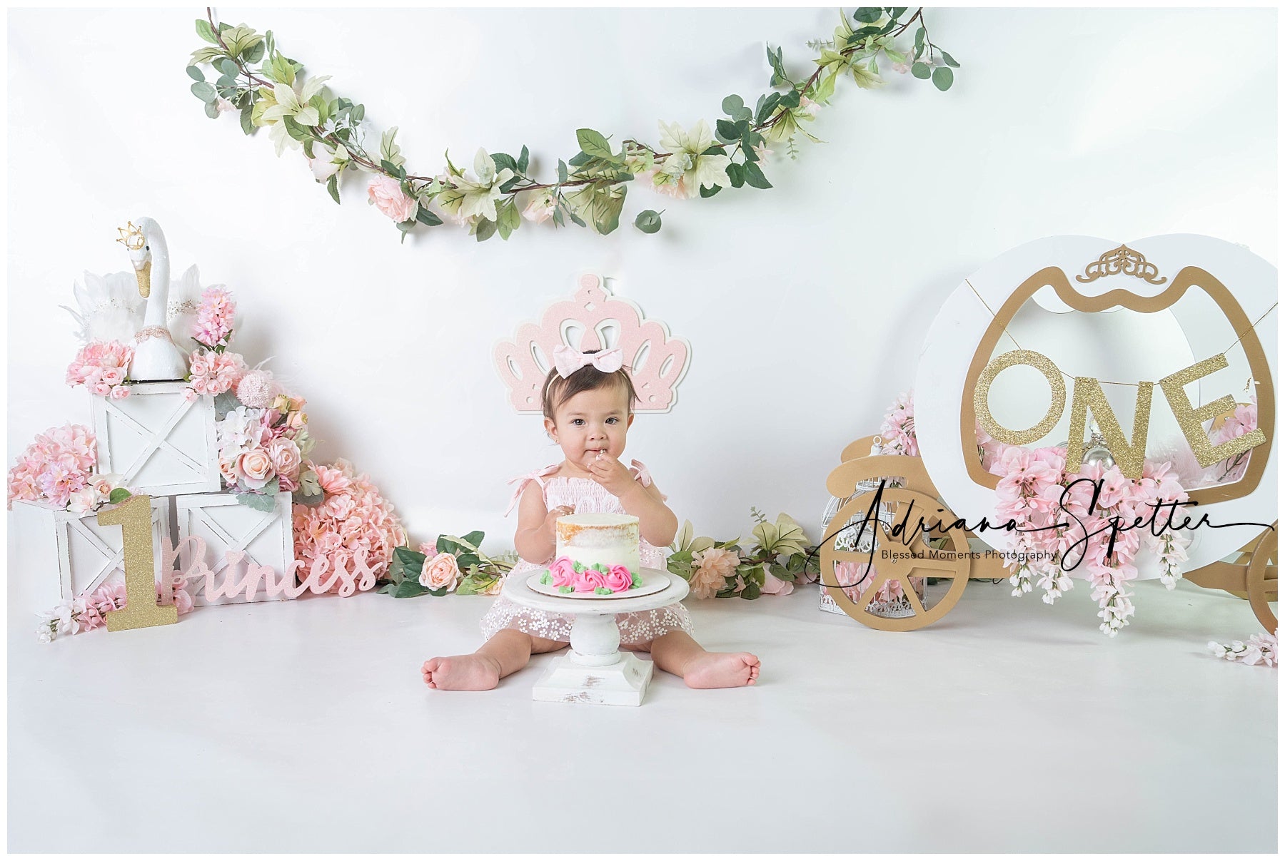 Cake Smash-Fotohintergrund Prinzessin Schwanenkutsche Fotohintergrund für den 1. Geburtstag MRR9-119