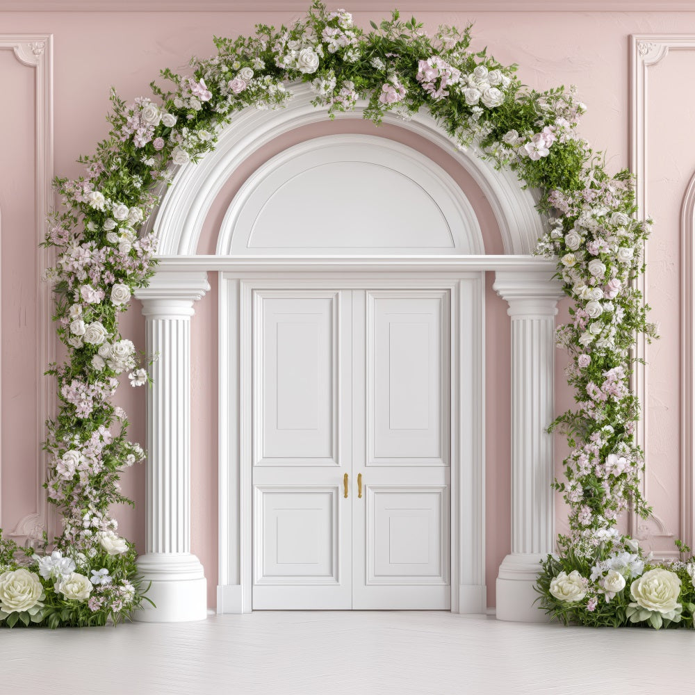 Backdrop Valentinstag Französische Tür umgeben von Blüten Backdrop BRP1-153