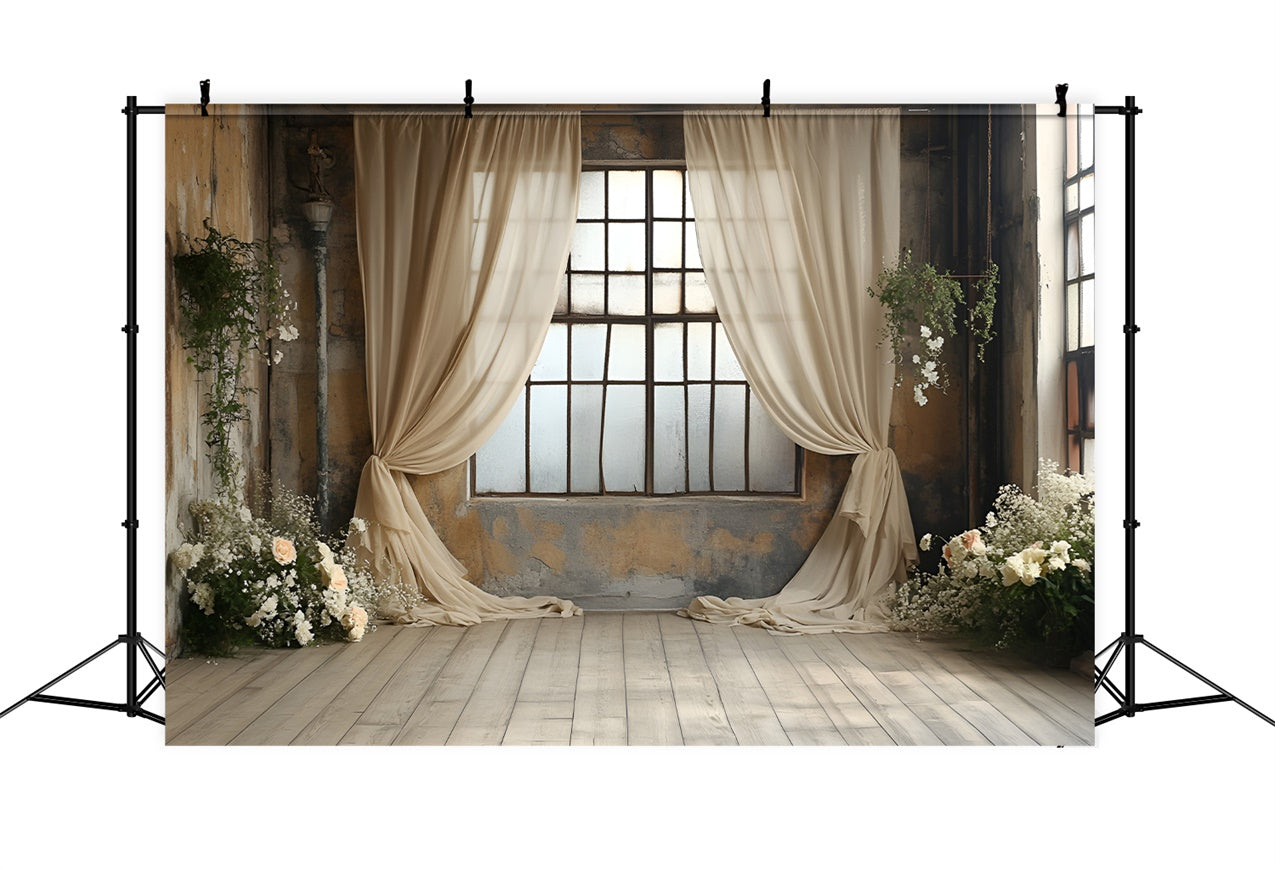 Boudoir Fotokulissen Beige Vorhänge Floral Fenster Hintergrund BRP1-488