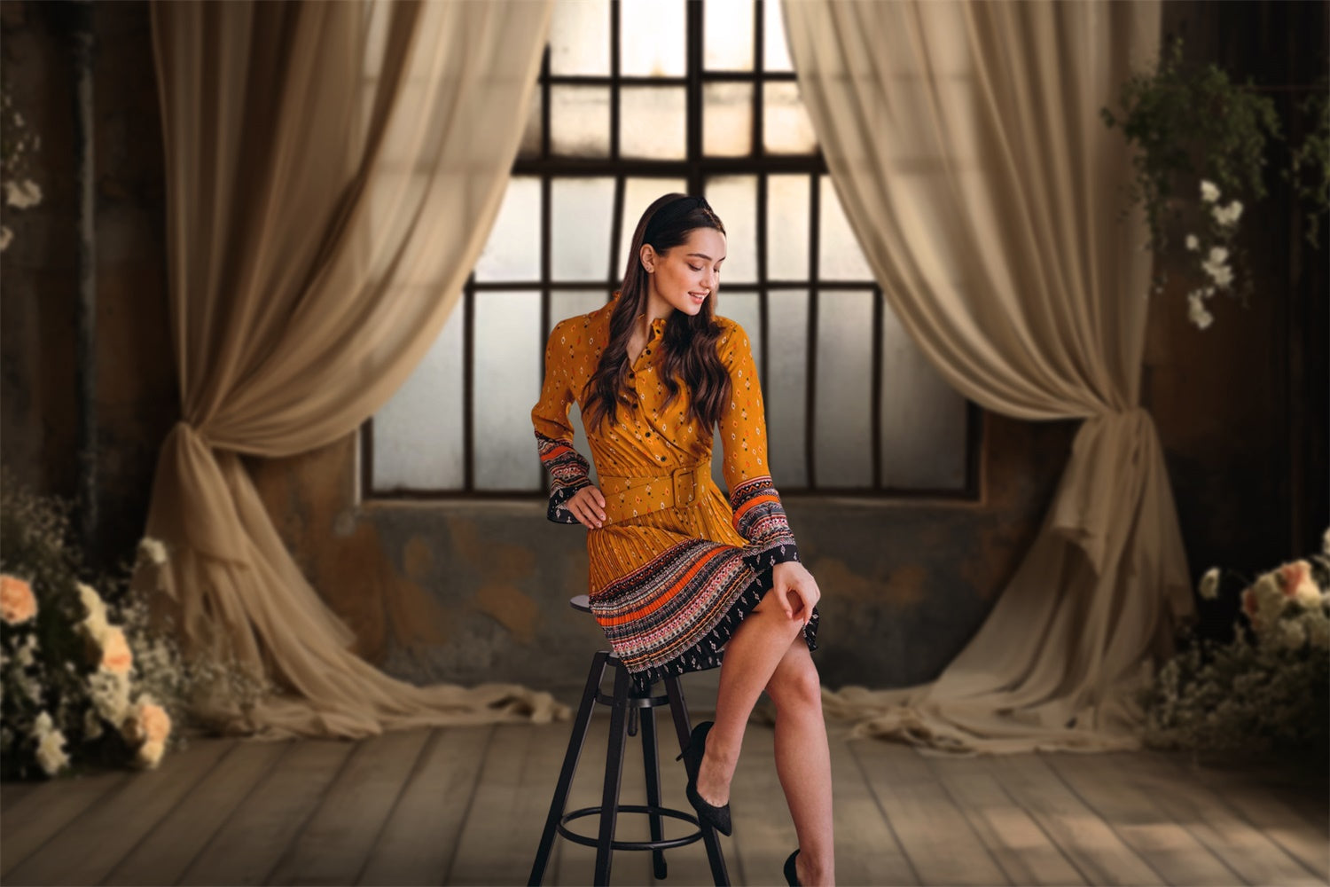 Boudoir Fotokulissen Beige Vorhänge Floral Fenster Hintergrund BRP1-488