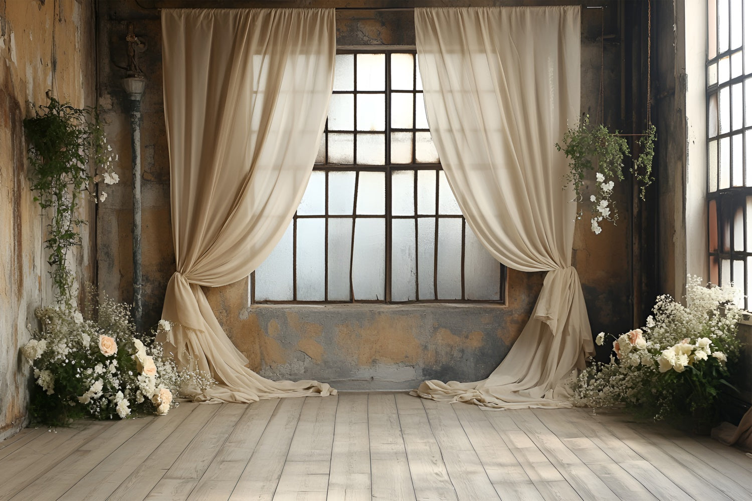Boudoir Fotokulissen Beige Vorhänge Floral Fenster Hintergrund BRP1-488