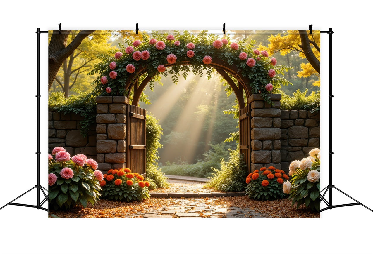 Blumenfotografie Backdrop Fotokulisse Rosenbeladener Steinbogen Backdrop BRP1-514