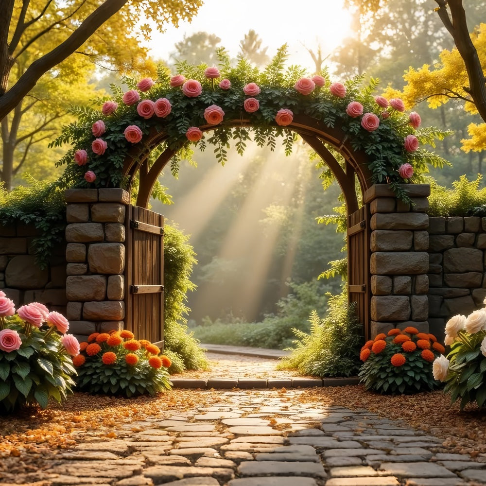 Blumenfotografie Backdrop Fotokulisse Rosenbeladener Steinbogen Backdrop BRP1-514