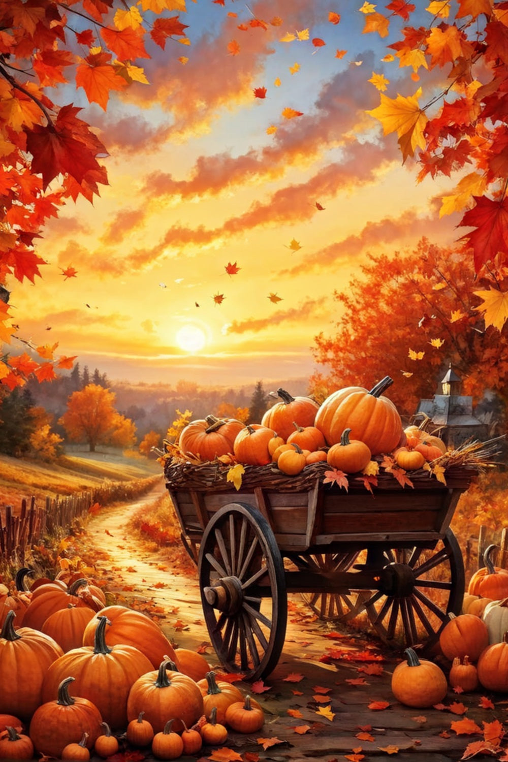 Herbst Fotografie Hintergrund Kürbis Wagen Weg Sonnenuntergang Hintergrund BRP10-264
