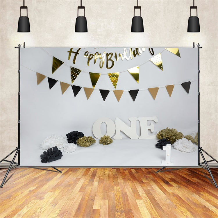 1st Birthday Hintergrund Banner Schwarz Gold Hintergrund BRP10-372