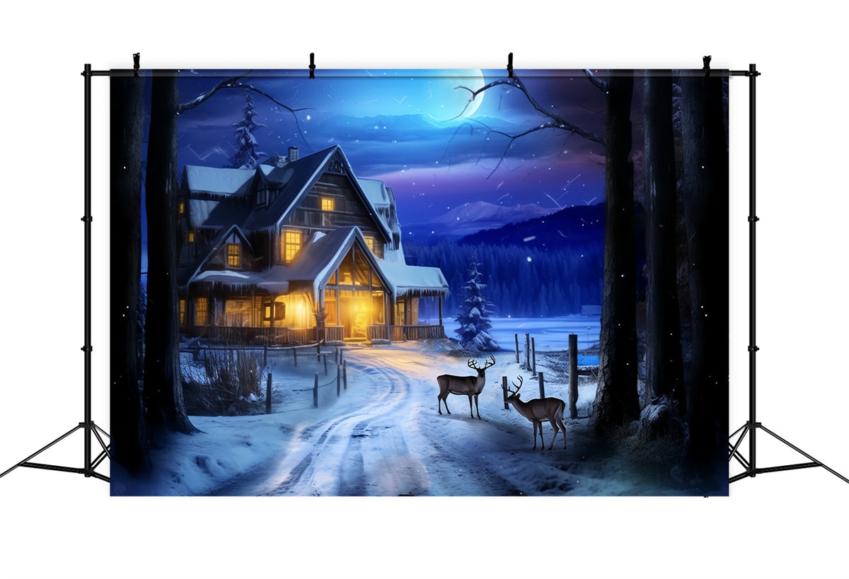 Winter Nacht Hütte Hirsche unter Mondlicht Hintergrund BRP10-41