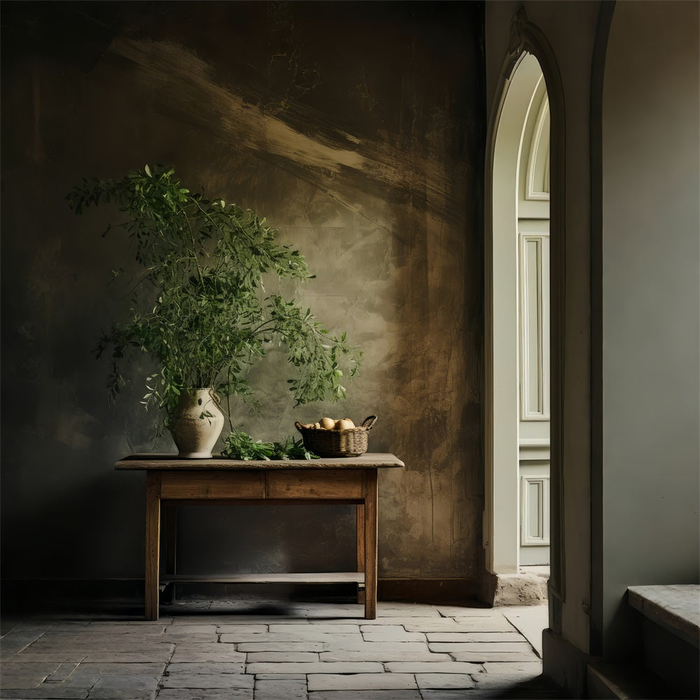 Backdrops Vintage Töpferei Greenery Holztisch Backdrop BRP11-560