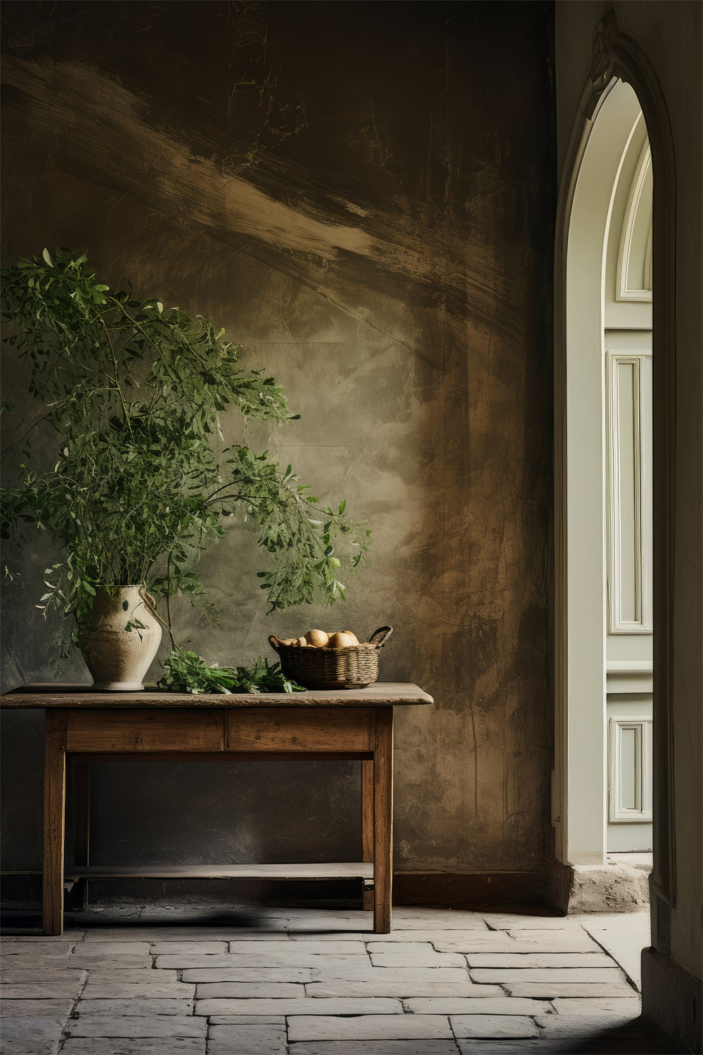 Backdrops Vintage Töpferei Greenery Holztisch Backdrop BRP11-560