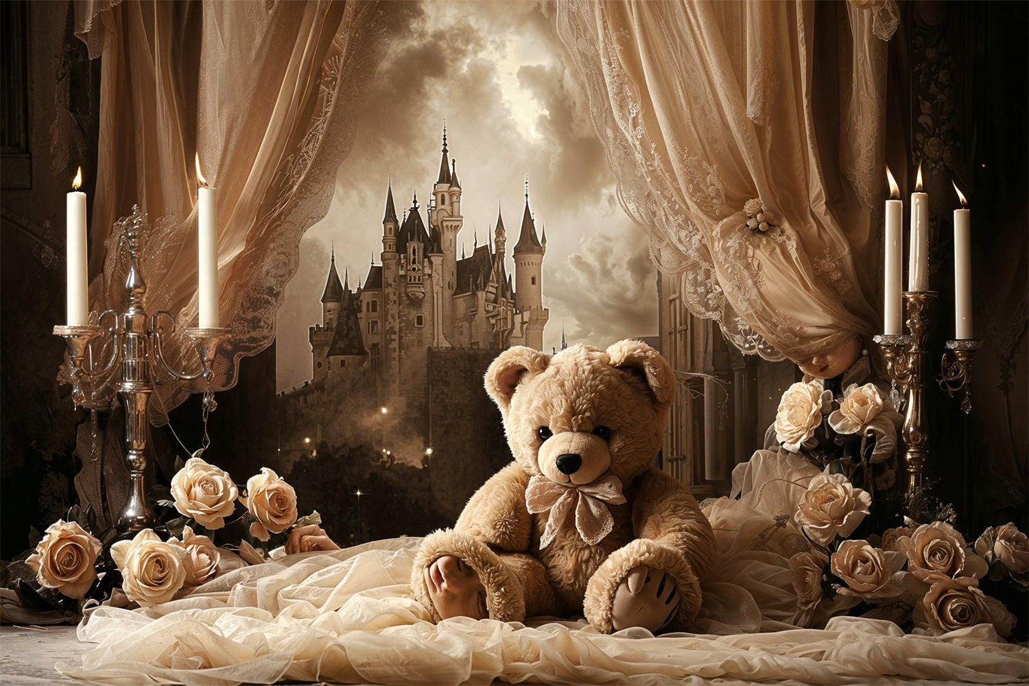 Vintage Fotokulisse Ideen Schloss Teddy Vorhang Hintergrund BRP11-583