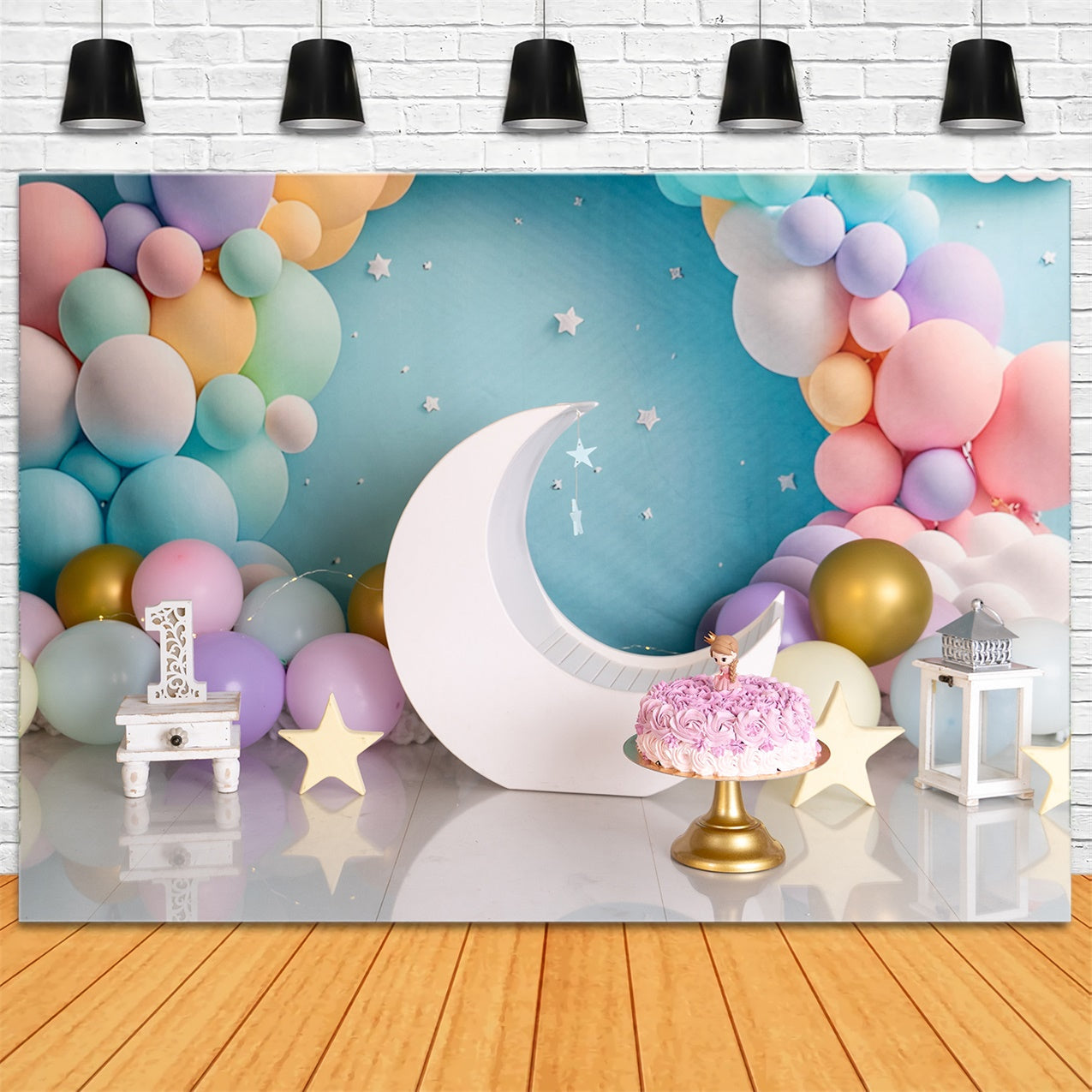 Geburtstag Backdrops Pastell Luftballons Mond Backdrop BRP12-300