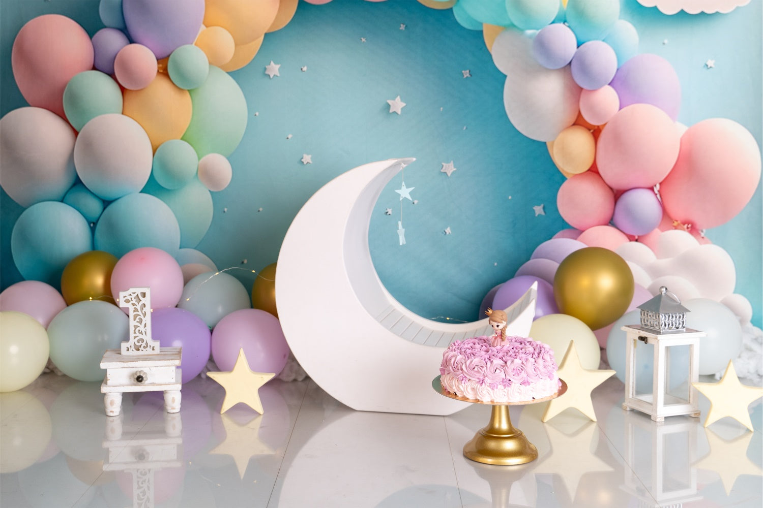 Geburtstag Backdrops Pastell Luftballons Mond Backdrop BRP12-300