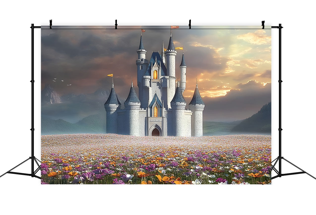 Architektur Backdrop Majestätisches Schloss Blühende Blumen Backdrop BRP12-661