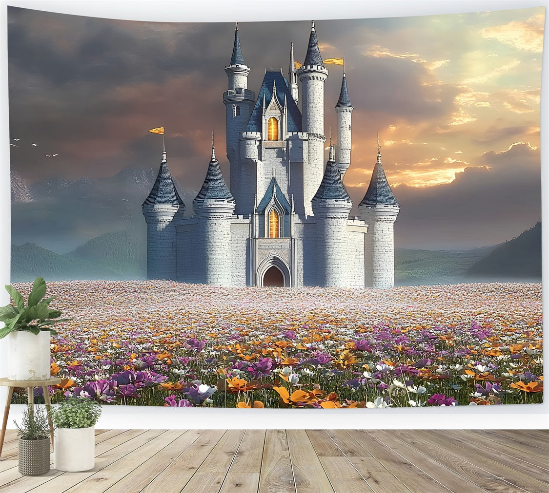 Architektur Backdrop Majestätisches Schloss Blühende Blumen Backdrop BRP12-661