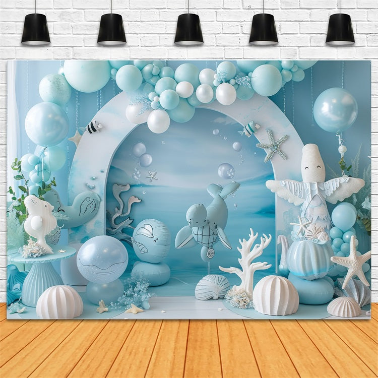 Meerjungfrau Geburtstag Backdrop Ozeanische Kreaturen Blau Ballon Backdrop BRP12-90