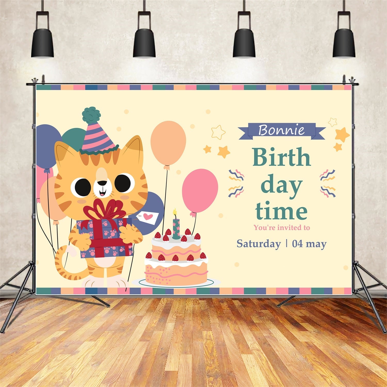Custom Birthday Backdrop Katze Ballon Geschenk Party Backdrop BRP2-110