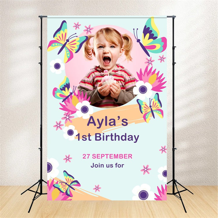 Personalisierte Backdrop für Geburtstag Floral Butterfly 1st Backdrop BRP2-121