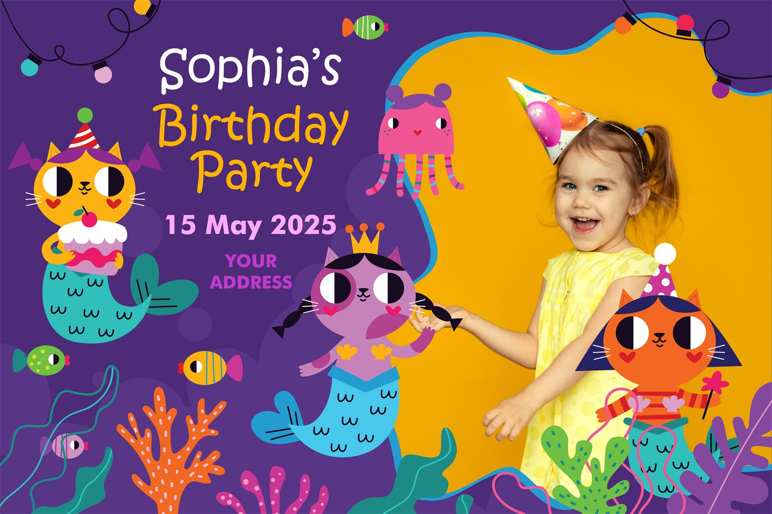 Geburtstag Backdrop Custom Cartoon Katze Meerjungfrau Backdrop BRP2-124