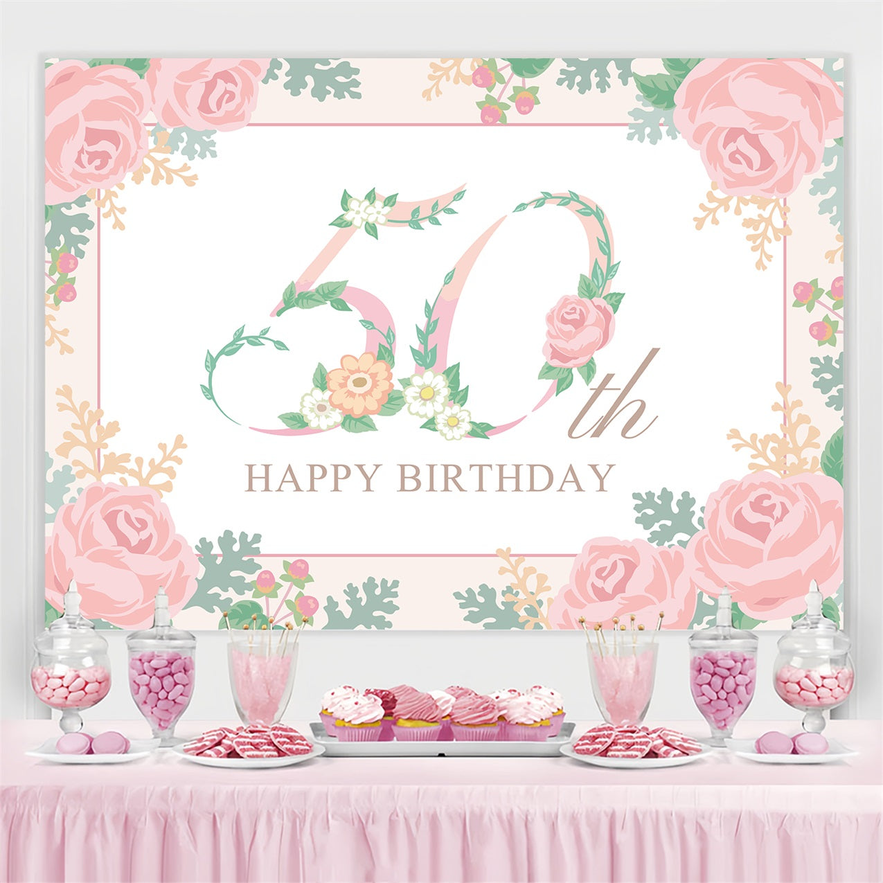 Personalisierte Backdrops für Geburtstag Romantische Floral 50th Backdrop BRP2-235