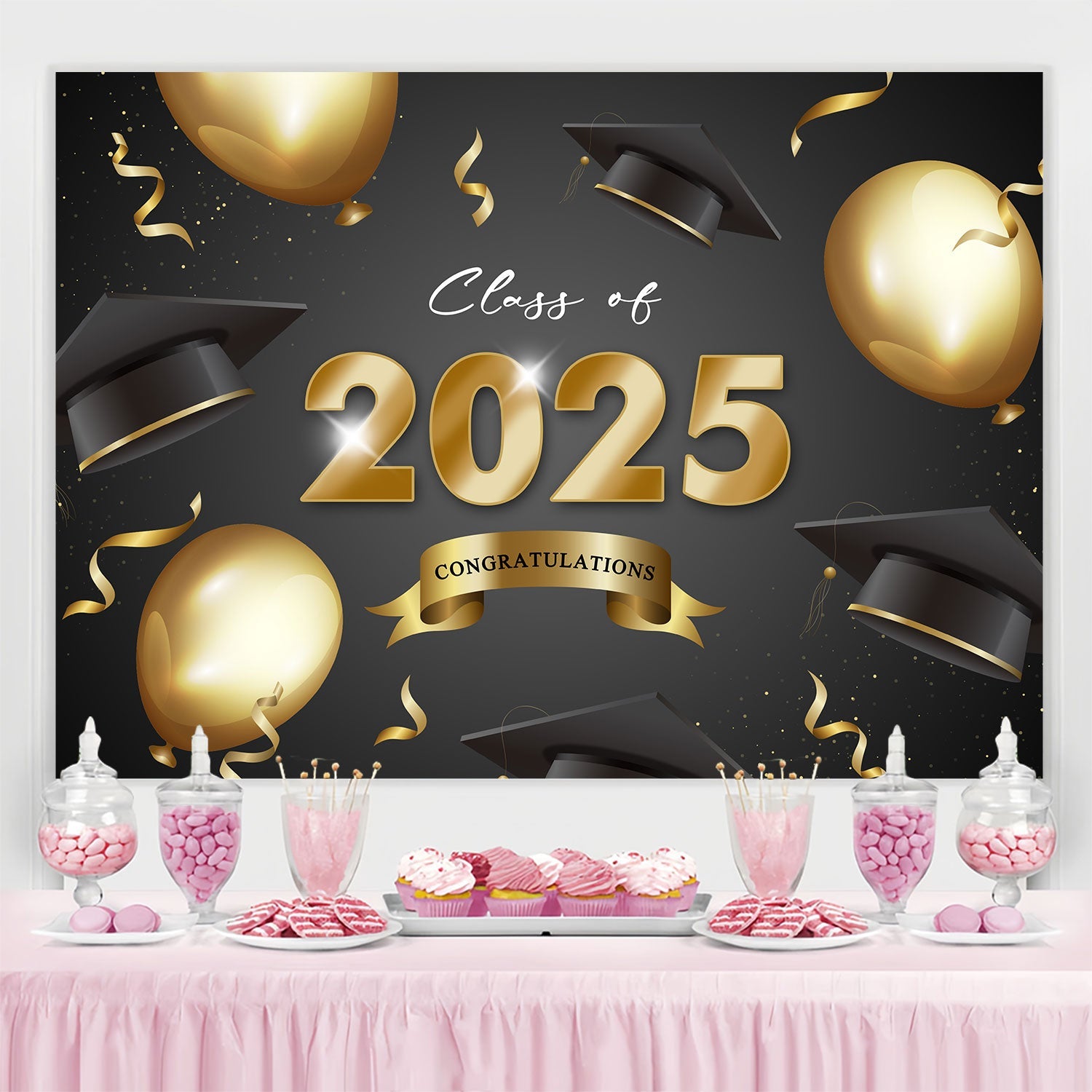 2025 Graduation Backdrop Glänzend Gold Ballon Graduation Party Backdrop BRP2-248