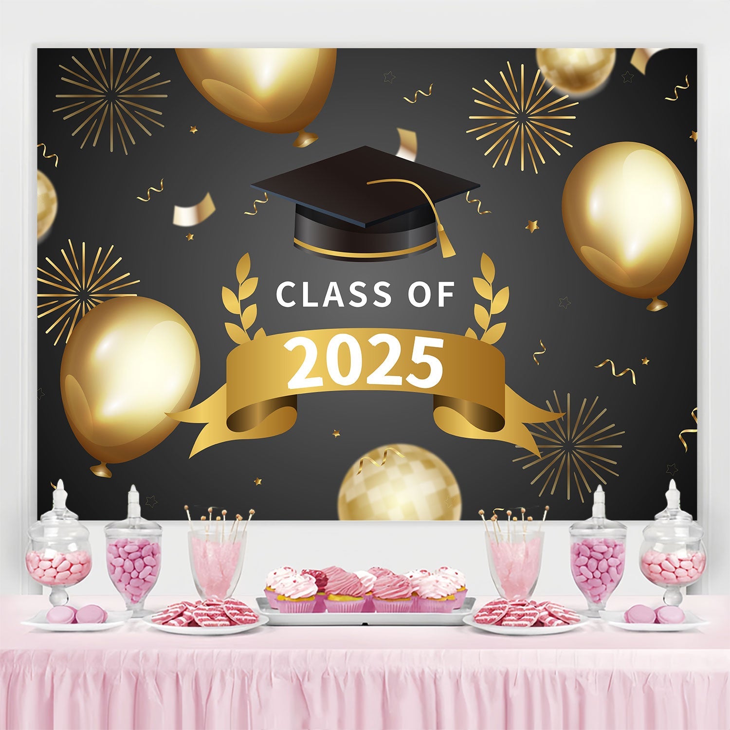 Graduation Backdrop Feuerwerk Goldene Ballons Graduation Party Backdrop BRP2-250