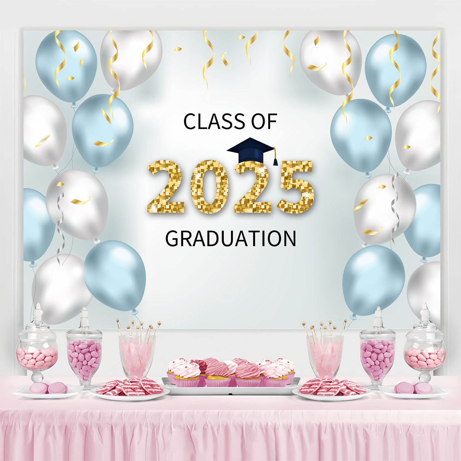 Graduation Backdrop Fotoshoot Elegant Blau Silber Graduation Party Backdrop BRP2-253