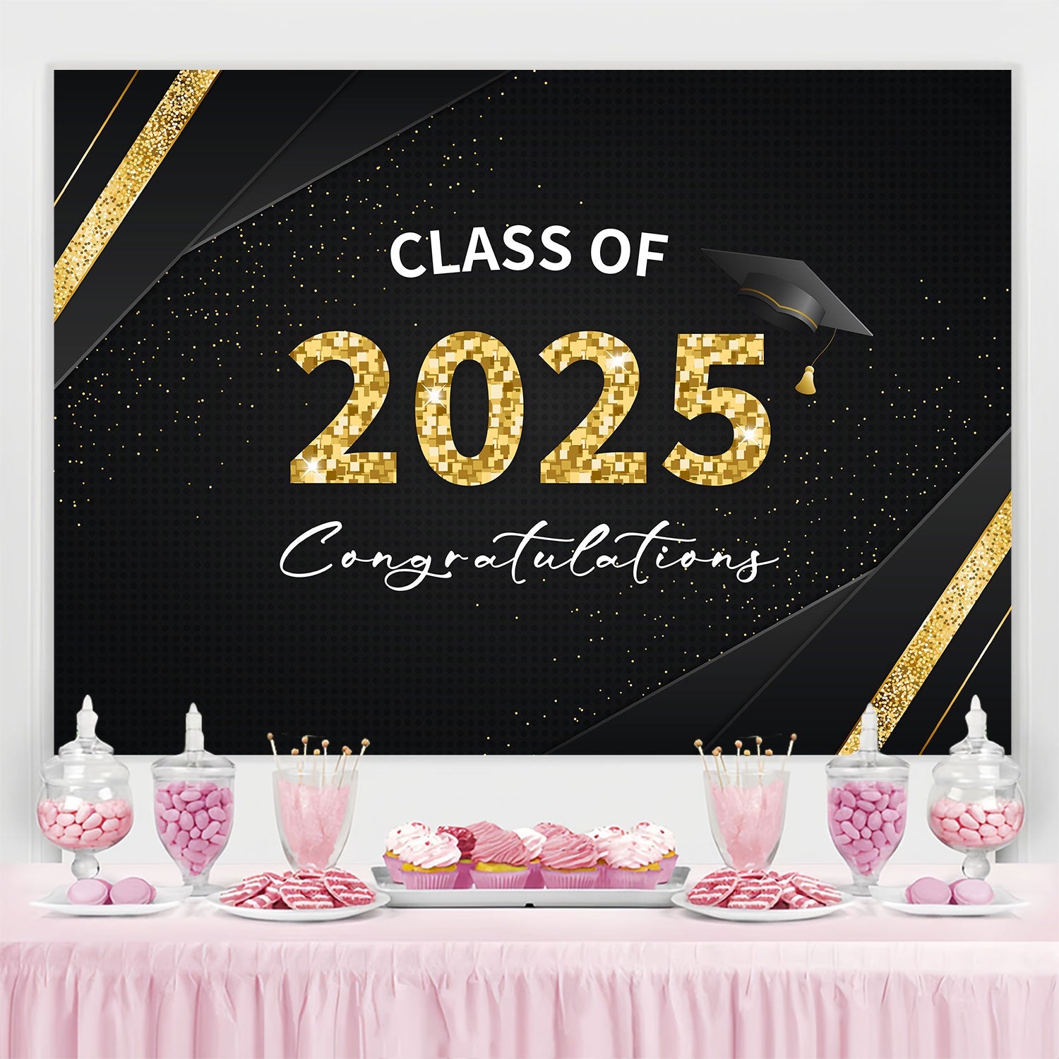 Backdrops Graduation Schwarz Gold Funkelnd Graduation Party Backdrop BRP2-254