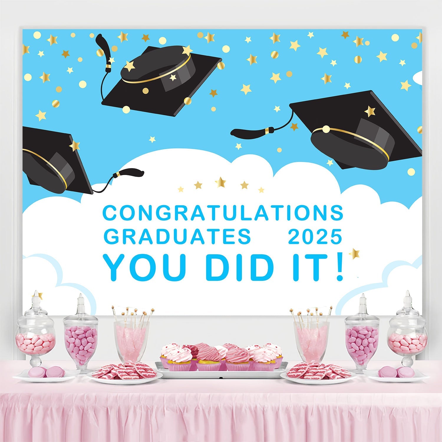 Backdrops Graduation Schwebende Mützen Blau Graduation Party Backdrop BRP2-265