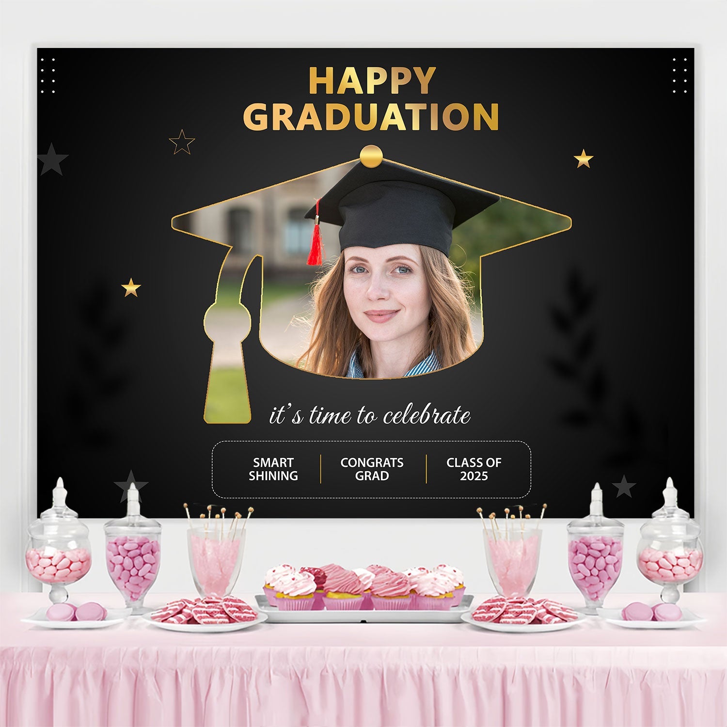Personalisierte Graduation Backdrops Elegant Schwarz Graduation Party Backdrop BRP2-278