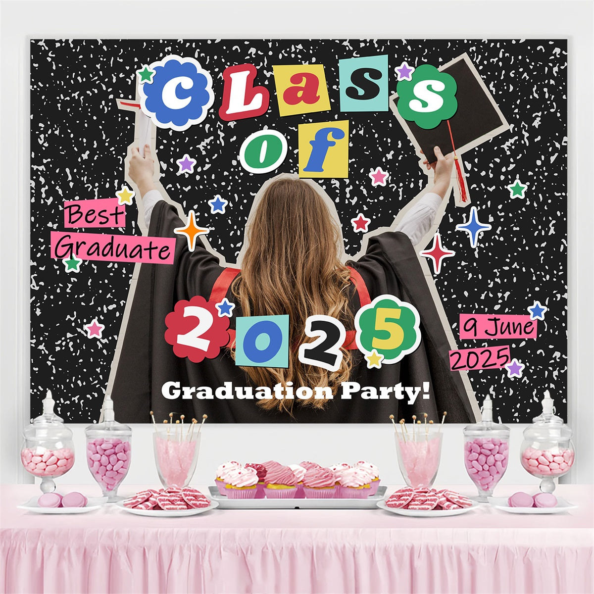 Personalisierte Graduation Backdrops Bunte glänzende Graduation Party Backdrop BRP2-289
