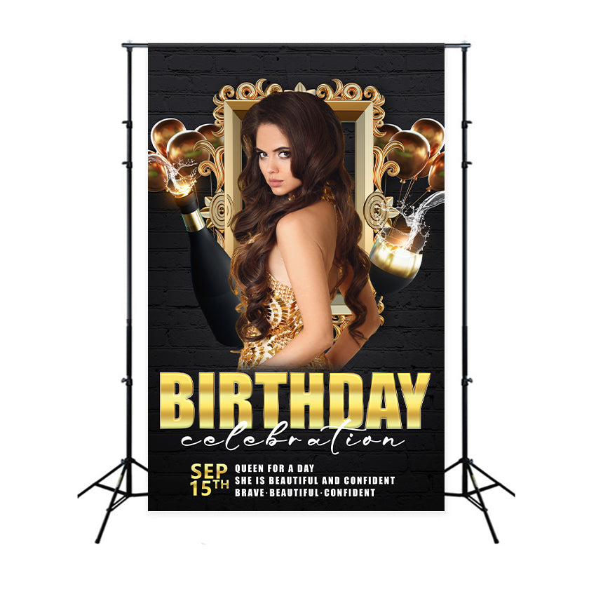 Personalisierte Backdrop für Geburtstag Schwarz Gold Champagner Ballon Backdrop BRP2-55