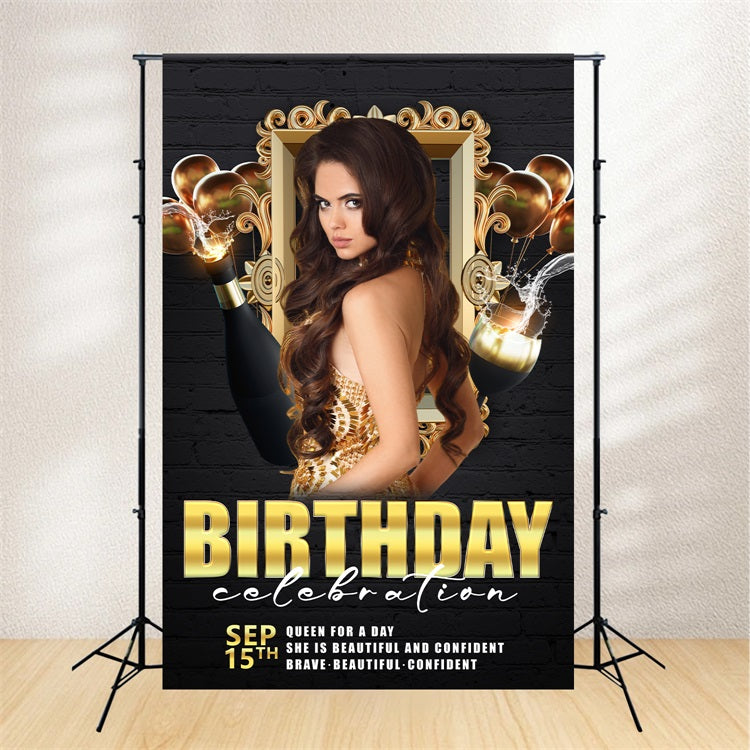 Personalisierte Backdrop für Geburtstag Schwarz Gold Champagner Ballon Backdrop BRP2-55