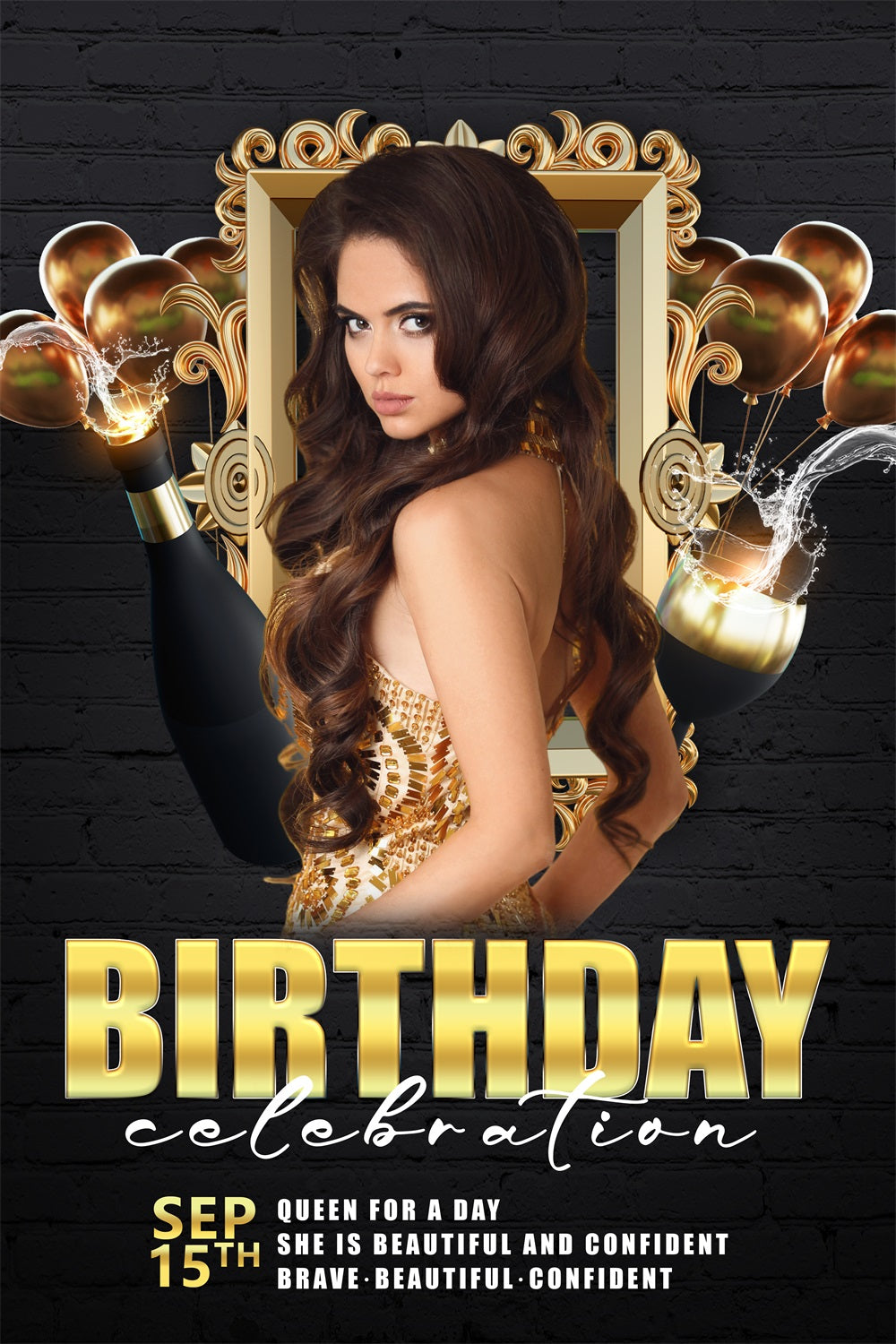 Personalisierte Backdrop für Geburtstag Schwarz Gold Champagner Ballon Backdrop BRP2-55