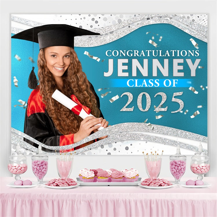Graduation Backdrop Blau Silber Glitter Custom Party Graduation Backdrop BRP3-227