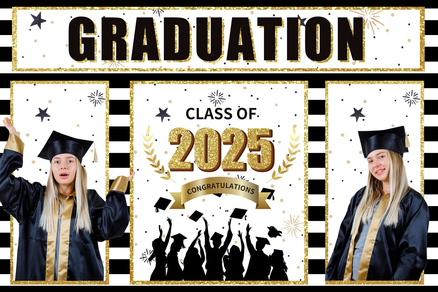 Graduation Fotohintergrund Schwarz Gold Streifen Personalisierte Party Graduation Backdrop BRP3-228