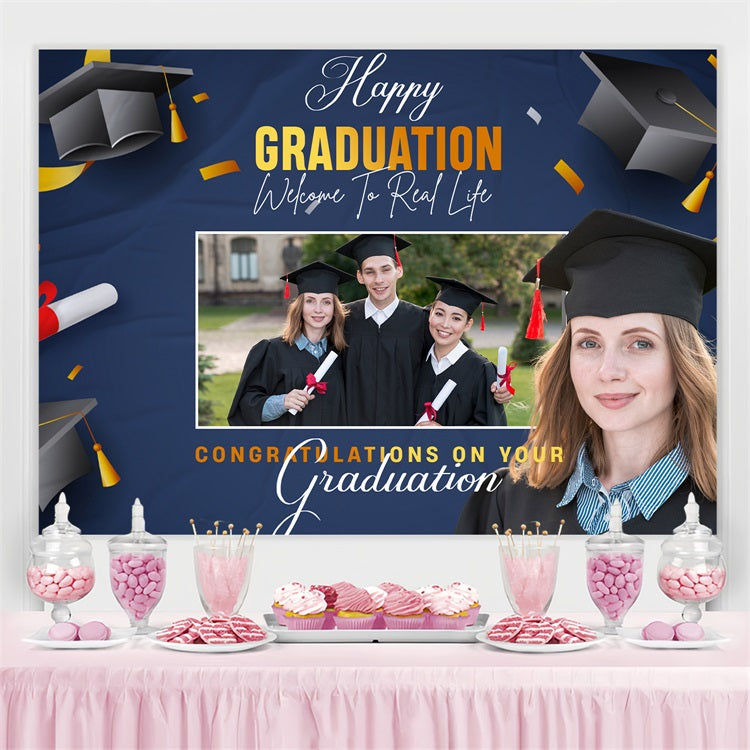 Blaue Graduation Backdrop Schwarz Graduation Cap Personalisierte Party Graduation Backdrop BRP3-234