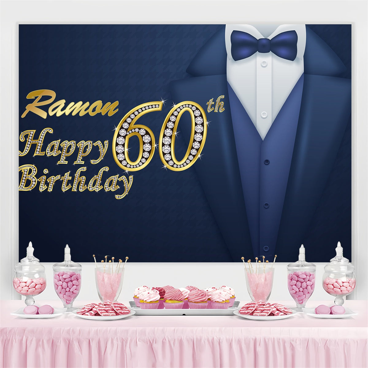 Personalisierte 60th Geburtstag Backdrop Elegant Blau Gold Smoking Backdrop BRP3-257