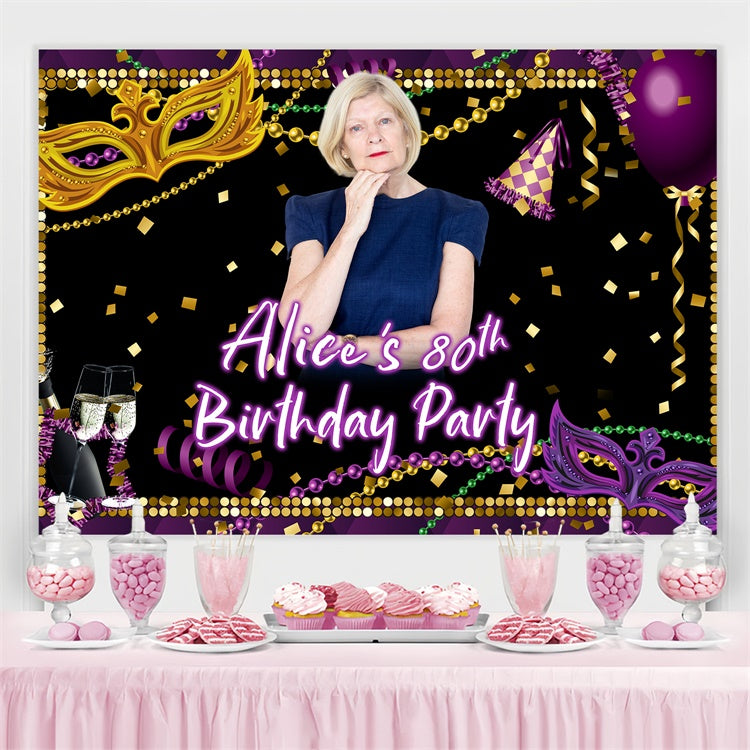 Benutzerdefinierte Geburtstag Backdrop Lila Gold Maske Glamour 80th Backdrop BRP3-266