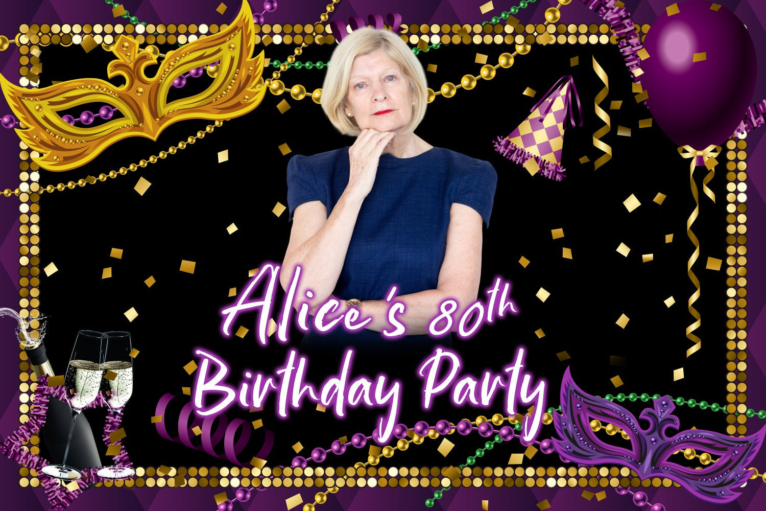 Benutzerdefinierte Geburtstag Backdrop Lila Gold Maske Glamour 80th Backdrop BRP3-266