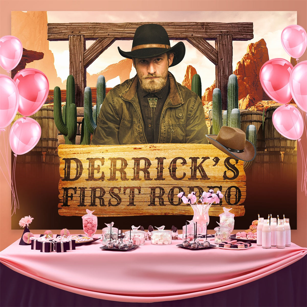 Personalisierte Kulisse für Geburtstag Kaktus Rustikale Cowboy Kulisse BRP3-42