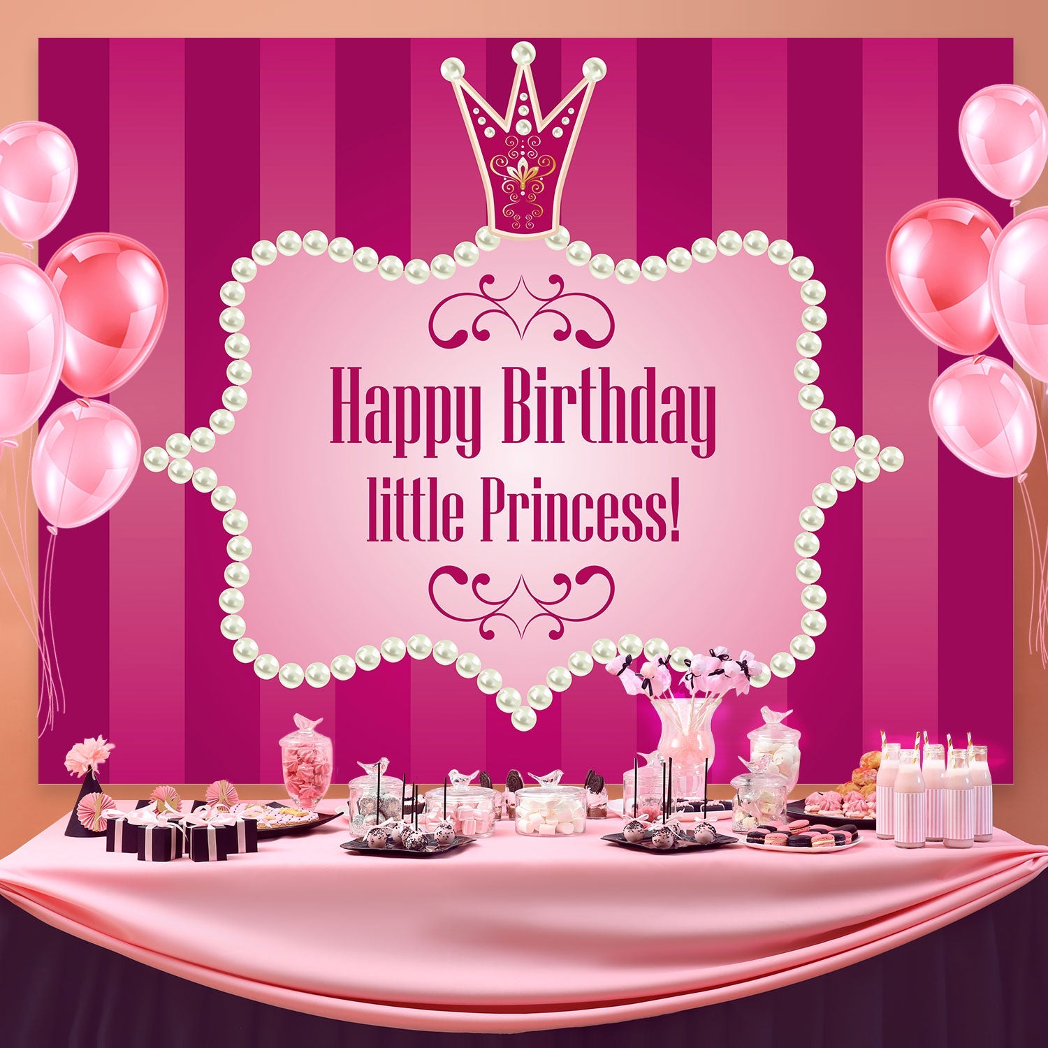Personalisierte Geburtstag Foto-Hintergrund rosa Perle Krone Hintergrund BRP3-46