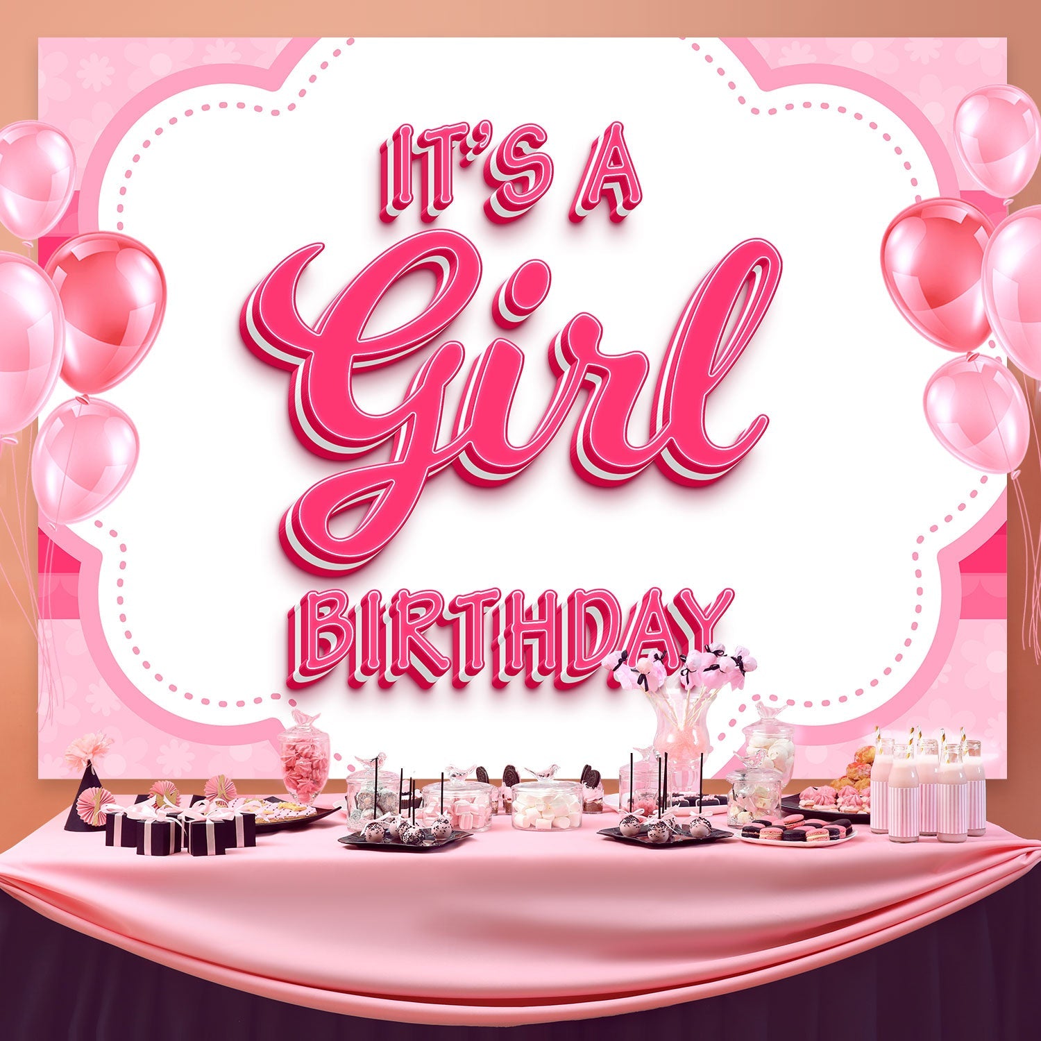 Personalisierte Backdrop für Geburtstag Romantische Rosa Thema Backdrop BRP3-54