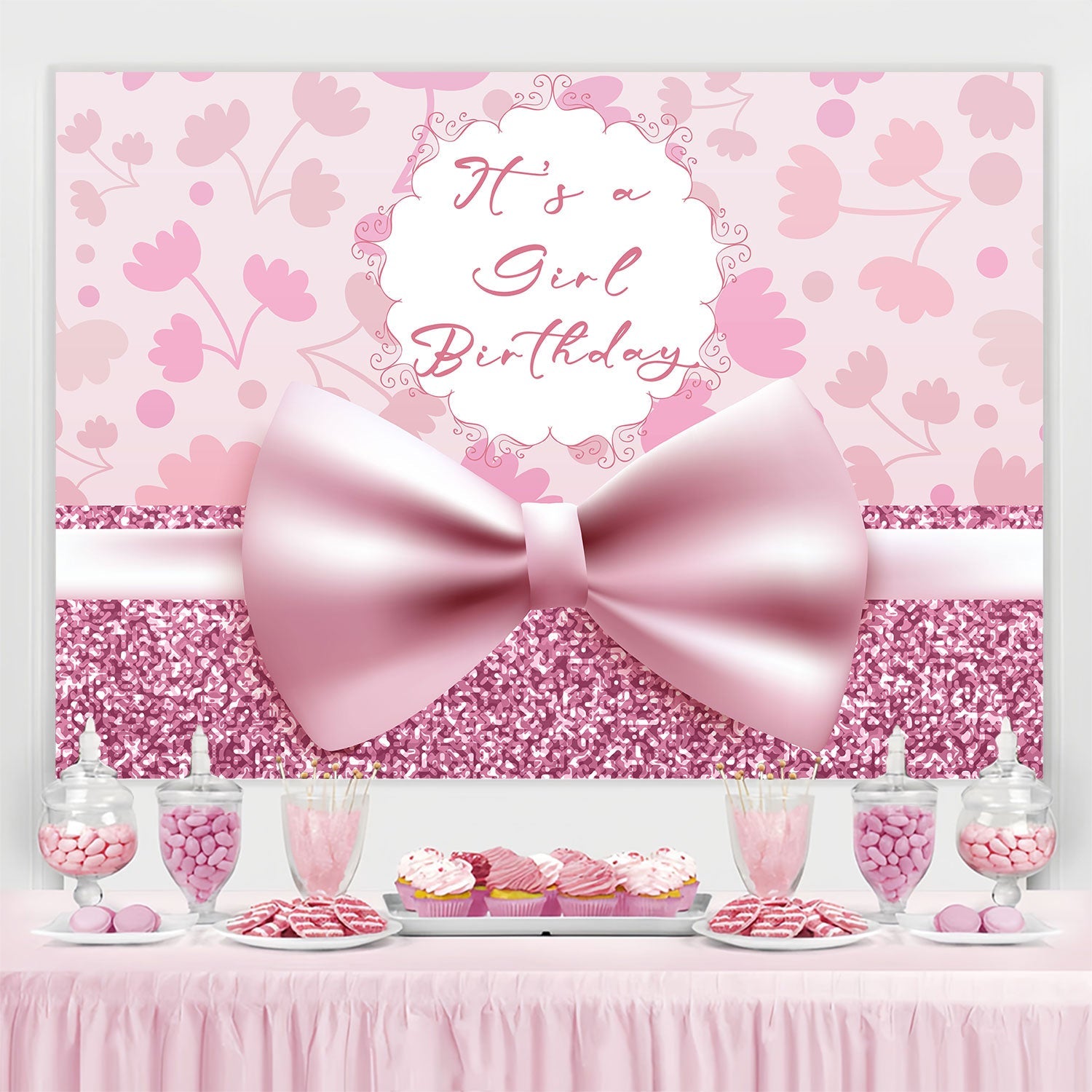 Personalisierte Geburtstag Fotokulisse Romantisch Rosa Schleife Hintergrund BRP3-56